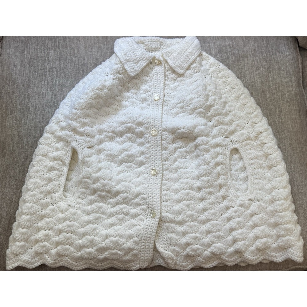 Hand‎ Crocheted White Cape w/h Pearlized Buttons & Arm Slots